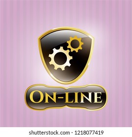  Shiny badge with gear, team work icon and On-line text inside