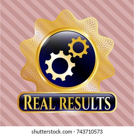  Shiny badge with gear, team work icon and Real results text inside