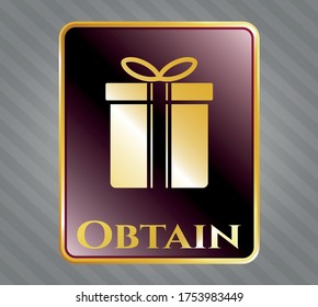 Shiny badge with gift box icon and Obtain text inside
