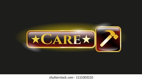  Shiny badge with hammer icon and Care text inside