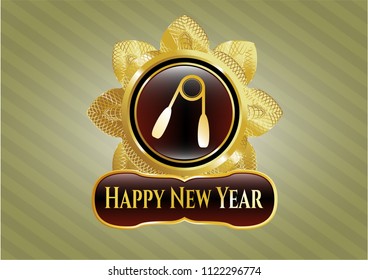  Shiny badge with hand gripper icon and Happy New Year text inside