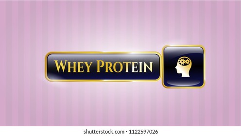 Shiny badge with head with gears inside icon and Whey Protein text inside