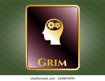  Shiny badge with head with gears inside icon and Grim text inside