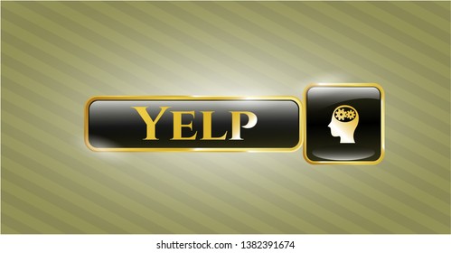  Shiny badge with head with gears inside icon and Yelp text inside