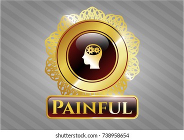  Shiny badge with head with gears inside icon and Painful text inside