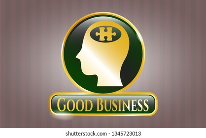  Shiny badge with head with jigsaw puzzle piece icon and Good Business text inside