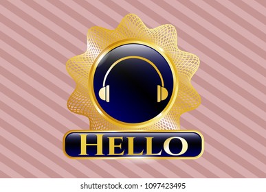   Shiny badge with headphones icon and Hello text inside
