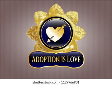  Shiny badge with heart with arrow icon and Adoption is Love text inside