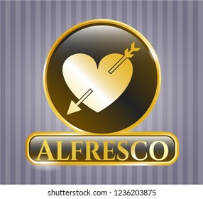  Shiny badge with heart with arrow icon and Alfresco text inside