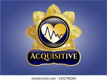  Shiny badge with heart with electrocardiogram icon and Acquisitive text inside