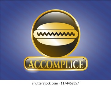  Shiny badge with hot dog icon and Accomplice text inside
