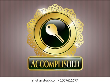  Shiny badge with key icon and Accomplished text inside