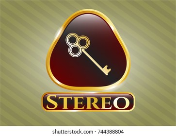  Shiny badge with key icon and Stereo text inside