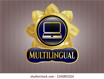  Shiny badge with laptop icon and Multilingual text inside