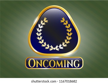  Shiny badge with leaf crown icon and Oncoming text inside