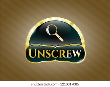  Shiny badge with magnifying glass icon and Unscrew text inside