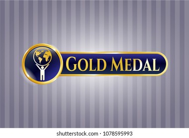  Shiny badge with man lifting world icon and Gold Medal text inside