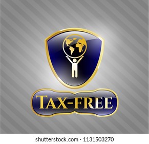  Shiny badge with man lifting world icon and Tax-free text inside