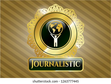  Shiny badge with man lifting world icon and Journalistic text inside
