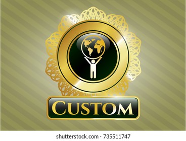  Shiny badge with man lifting world icon and Custom text inside