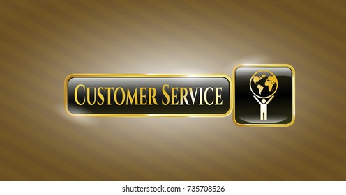  Shiny badge with man lifting world icon and Customer Service text inside