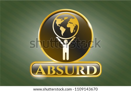  Shiny badge with man lifting world icon and Absurd text inside