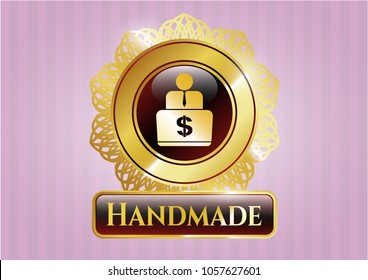  Shiny badge with man working on computer icon and Handmade text inside