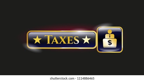  Shiny badge with man working on computer icon and Taxes text inside