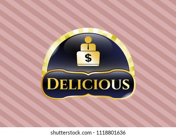 Shiny badge with man working on computer icon and Delicious text inside