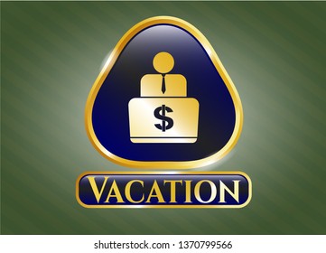  Shiny badge with man working on computer icon and Vacation text inside