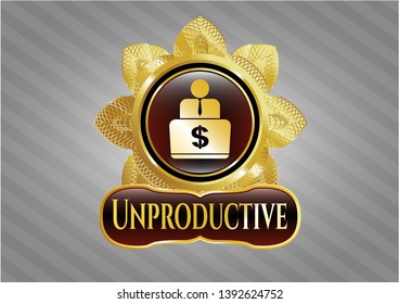  Shiny badge with man working on computer icon and Unproductive text inside