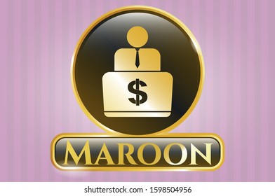 Shiny badge with man working on computer icon and Maroon text inside