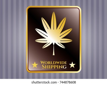  Shiny badge with marijuana leaf, weed icon and Worldwide Shipping text inside