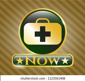  Shiny badge with medical briefcase icon and Now text inside