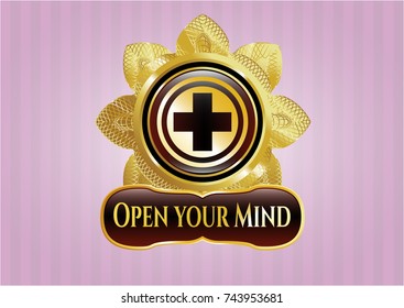  Shiny badge with medicine icon and Open your Mind text inside