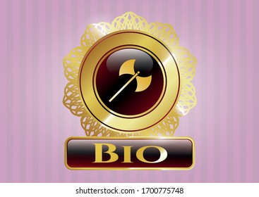  Leuchtendes Schild mit mittelalterlichem Axt-Symbol und Bio-Text im Inneren