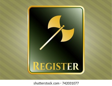  Shiny badge with medieval axe icon and Register text inside