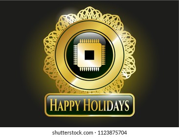  Shiny badge with microchip, microprocessor icon and Happy Holidays text inside