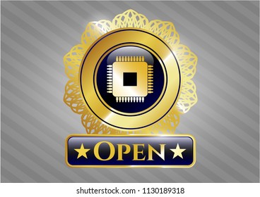  Shiny badge with microchip, microprocessor icon and Open text inside