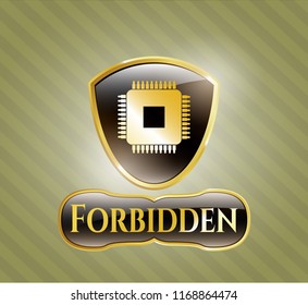  Shiny badge with microchip, microprocessor icon and Forbidden text inside