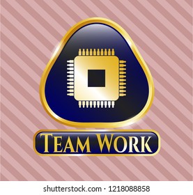  Shiny badge with microchip, microprocessor icon and Team Work text inside