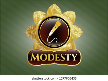  Shiny badge with microphone icon and Modesty text inside