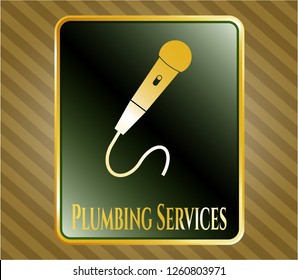  Shiny badge with microphone icon and Plumbing Services text inside