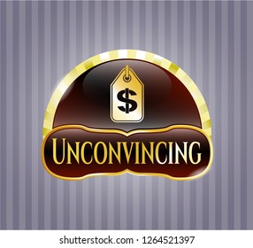 Shiny badge with money tag icon and Unconvincing text inside