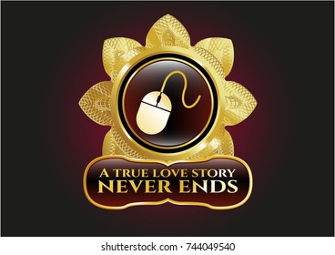  Shiny badge with mouse icon and A true love story never ends text inside