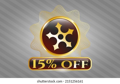 Shiny badge with ninja star icon and 15% off text inside
