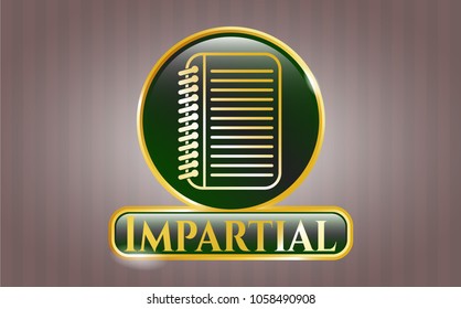 Shiny badge with note book icon and Impartial text inside Shiny badge with note book icon and Impartial text inside
