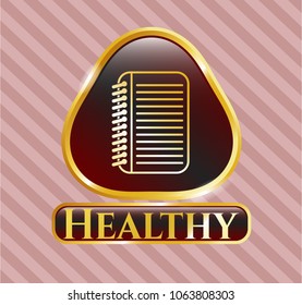  Shiny badge with note book icon and Healthy text inside