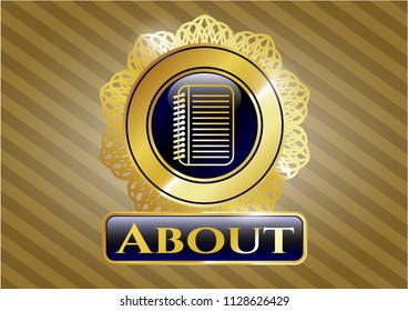  Shiny badge with note book icon and About text inside