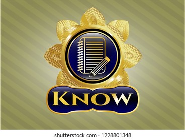  Shiny badge with notebook with pencil icon and Know text inside